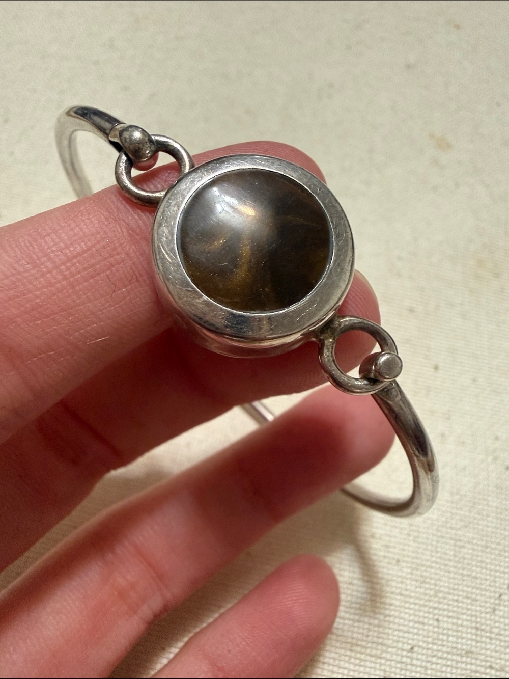 Lovely Sterling Silver 925 Brown Tiger's Eye Bangle Bracelet
